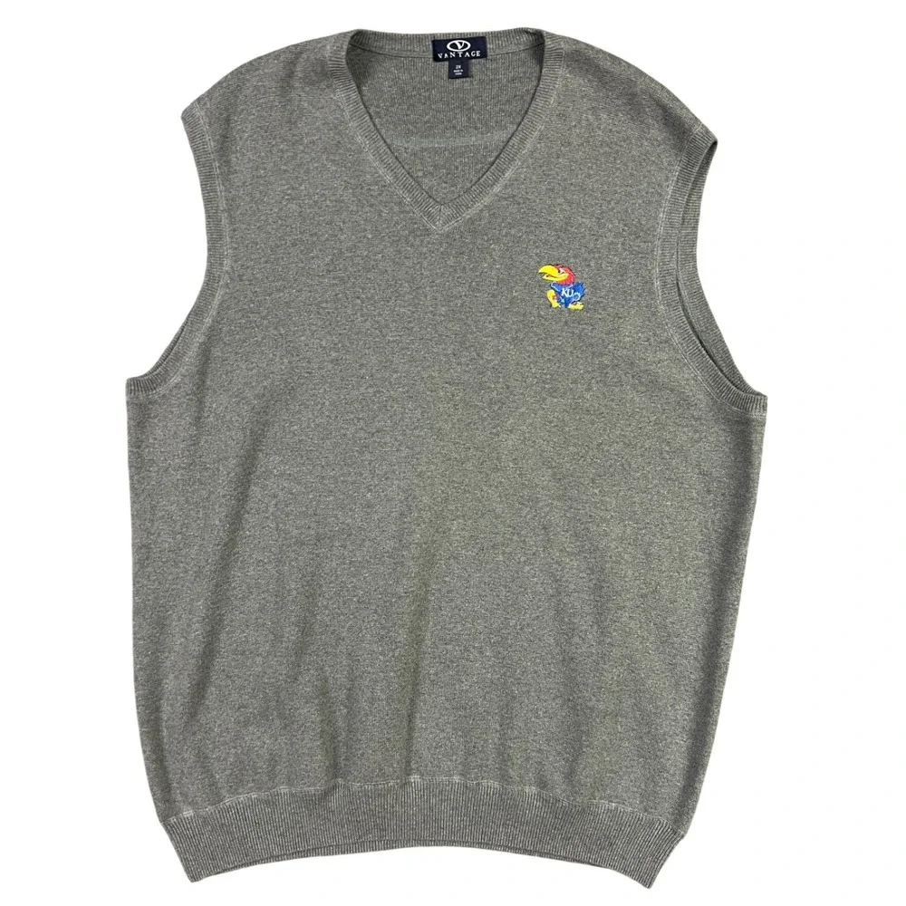 Vantage Kansas Jayhawks Sweater Vest Men 2X Gray Cotton V-Neck Embroidered Logo